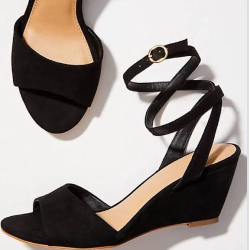 New Cute Loft Black Suede Ankle Strap Wedge Shoe